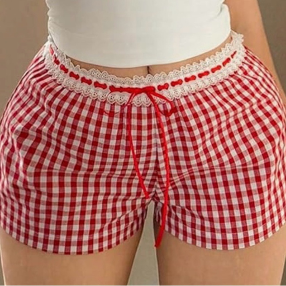 Red Gingham/Checkered Lace Trim Picnic Mini Shorts